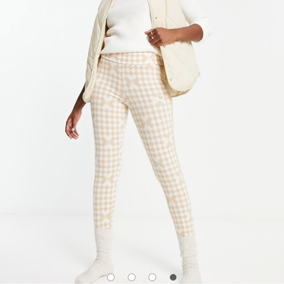 adidas Cream and Brown Checkered Print Signature Stirrup Leggings - Picture 5 of 9